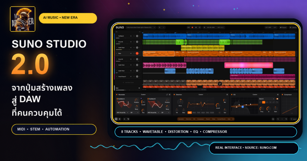 ภาพหน้าจอจริงของ Suno Studio 2.0 แสดงแปด Track, MIDI, Waveform และแผง Wavetable, Distortion, EQ, Compressor
