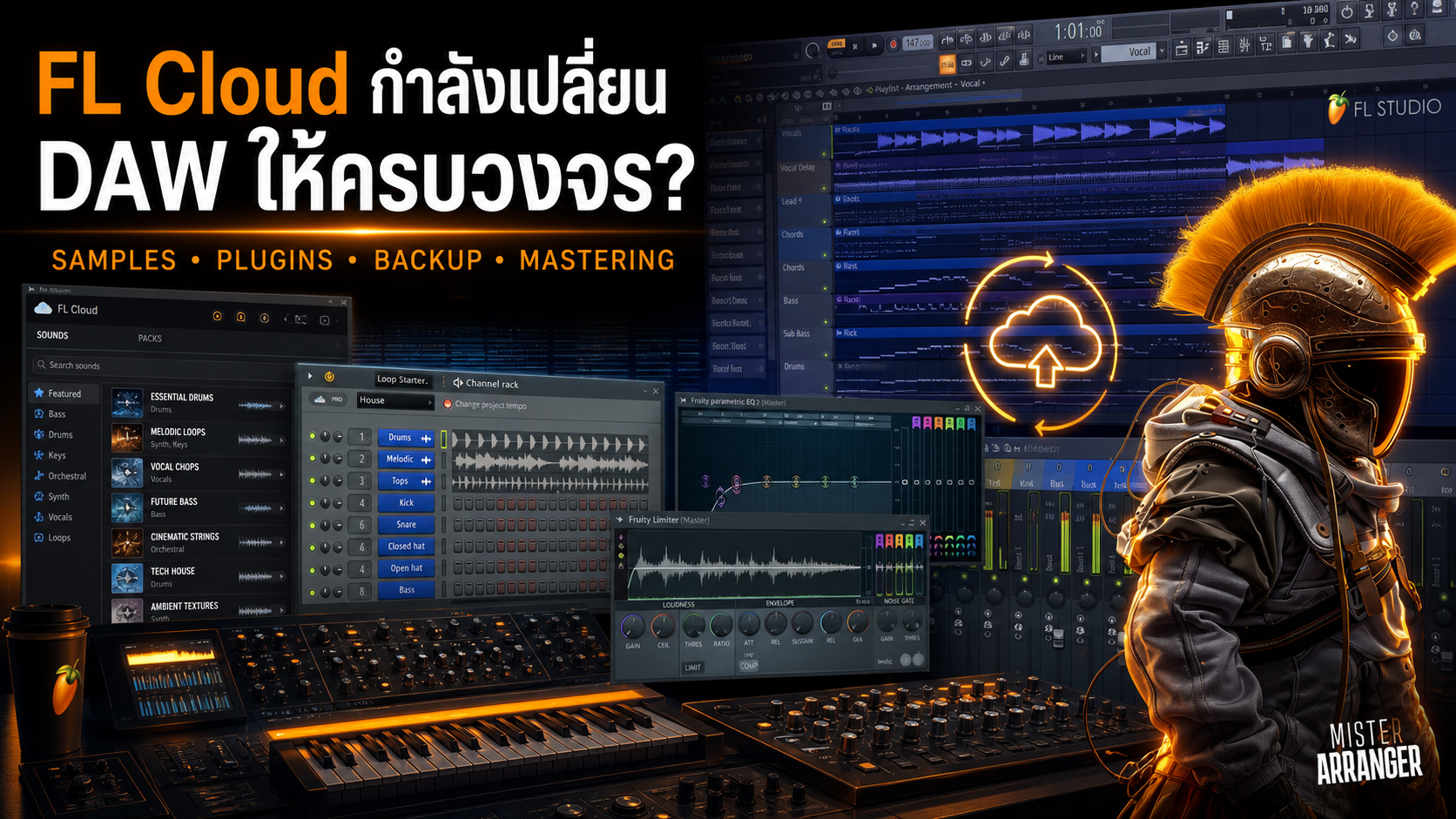 ภาพหน้าปก FL Cloud แสดงหน้าต่าง DAW หลายแทร็กพร้อม Sample Plugin Backup และ Mastering